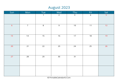 august 2023 calendar printable with us holidays, sunday start, landscape, letter paper size