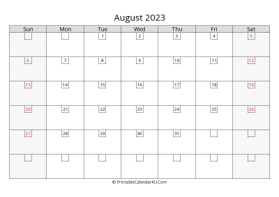 august 2023 calendar with days in box