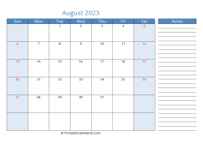 august 2023 printable calendar with us holidays, sunday start, side notes, landscape, letter