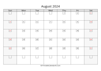 august 2024 calendar with days in box