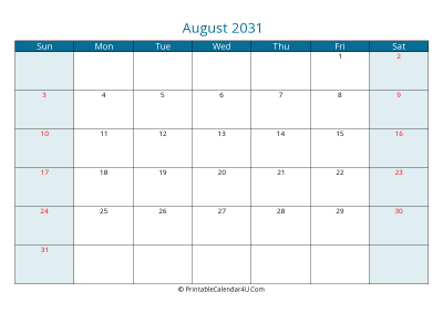 august 2031 calendar printable with us holidays, sunday start, landscape, letter paper size