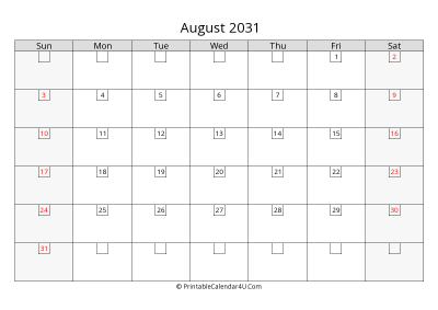 august 2031 calendar with days in box