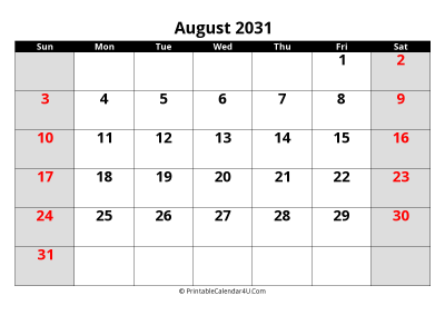 august 2031 editable calendar with large font size