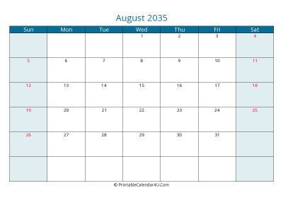 august 2035 calendar printable with us holidays, sunday start, landscape, letter paper size