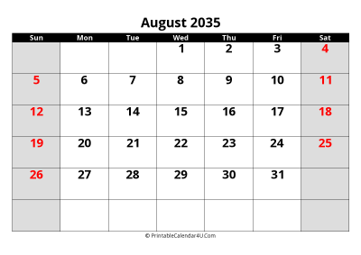 august 2035 editable calendar with large font size