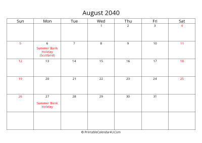 august 2040 calendar printable with uk bank holidays