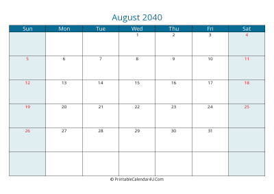 august 2040 calendar printable with us holidays, sunday start, landscape, letter paper size