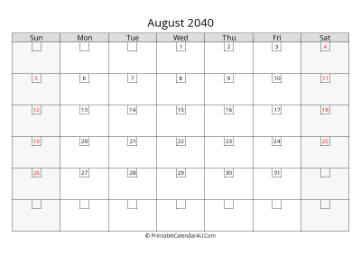 august 2040 calendar with days in box