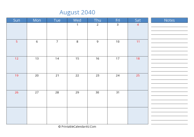 august 2040 printable calendar with us holidays, sunday start, side notes, landscape, letter