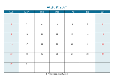 august 2071 calendar printable with us holidays, sunday start, landscape, letter paper size