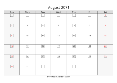 august 2071 calendar with days in box