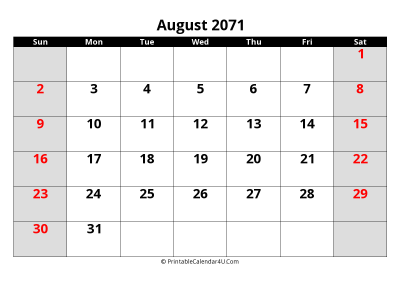 august 2071 editable calendar with large font size