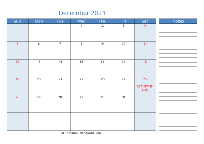 december 2021 printable calendar with us holidays, sunday start, side notes, landscape, letter