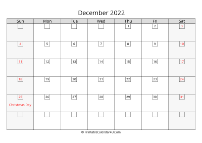 december 2022 calendar with days in box