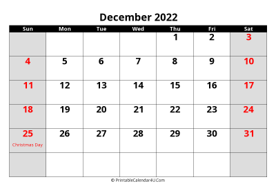 december 2022 editable calendar with large font size