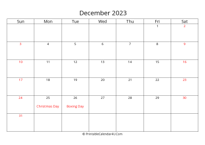 december 2023 calendar printable with uk bank holidays