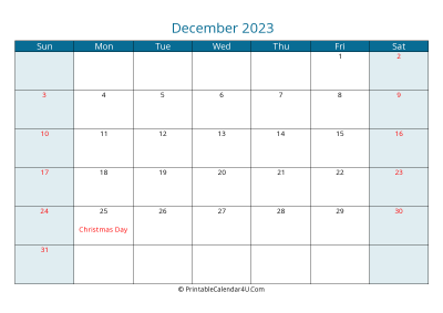 december 2023 calendar printable with us holidays, sunday start, landscape, letter paper size