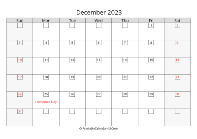 december 2023 calendar with days in box