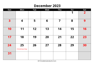 december 2023 editable calendar with large font size