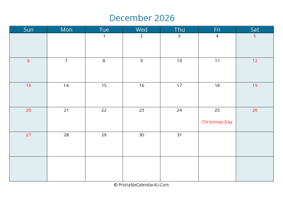 december 2026 calendar printable with us holidays, sunday start, landscape, letter paper size