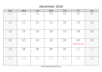 december 2026 calendar with days in box
