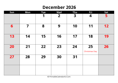 december 2026 editable calendar with large font size