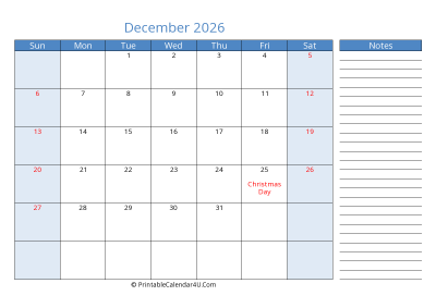 december 2026 printable calendar with us holidays, sunday start, side notes, landscape, letter