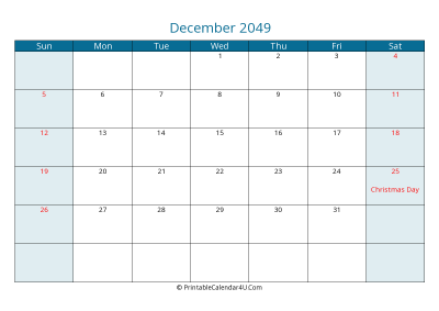 december 2049 calendar printable with us holidays, sunday start, landscape, letter paper size