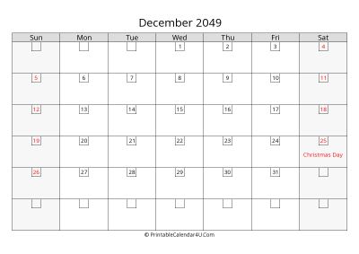 december 2049 calendar with days in box