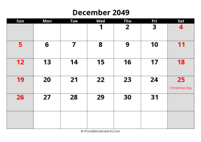 december 2049 editable calendar with large font size