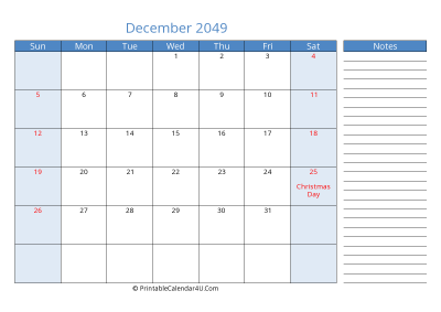 december 2049 printable calendar with us holidays, sunday start, side notes, landscape, letter