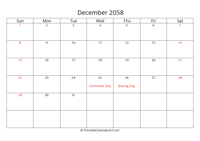 december 2058 calendar printable with uk bank holidays