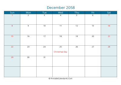 december 2058 calendar printable with us holidays, sunday start, landscape, letter paper size