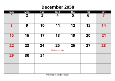 december 2058 editable calendar with large font size