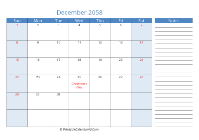 december 2058 printable calendar with us holidays, sunday start, side notes, landscape, letter