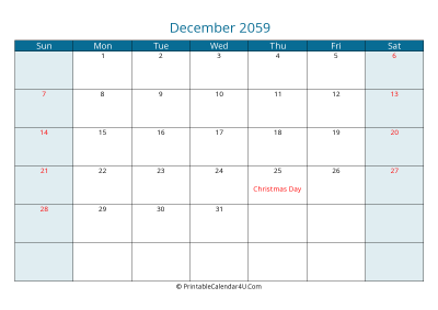 december 2059 calendar printable with us holidays, sunday start, landscape, letter paper size