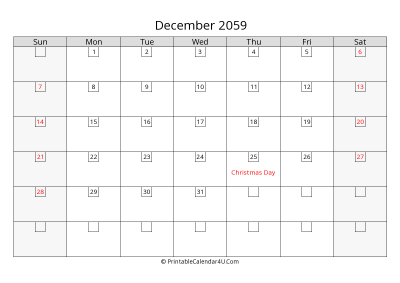 december 2059 calendar with days in box