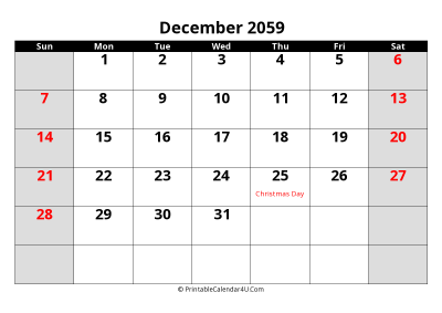december 2059 editable calendar with large font size