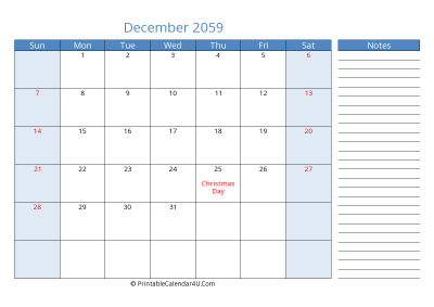 december 2059 printable calendar with us holidays, sunday start, side notes, landscape, letter