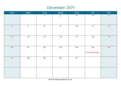 december 2071 calendar printable with us holidays, sunday start, landscape, letter paper size