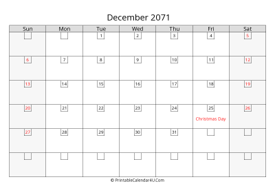 december 2071 calendar with days in box