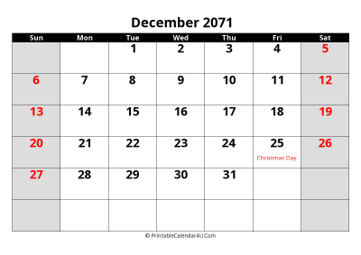 december 2071 editable calendar with large font size