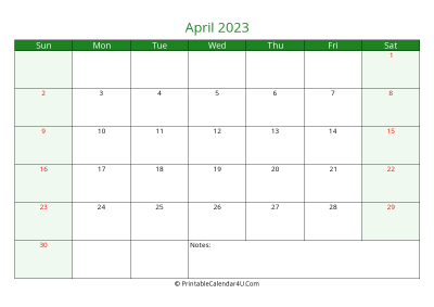 editable calendar april 2023, week start on sunday