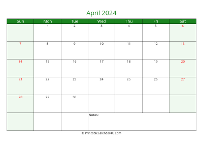 editable calendar april 2024, week start on sunday