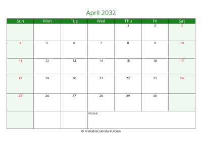 editable calendar april 2032 with us holidays