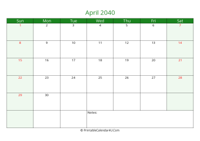 editable calendar april 2040 with us holidays