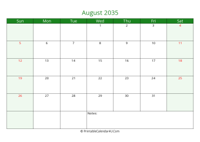 editable calendar august 2035 with us holidays