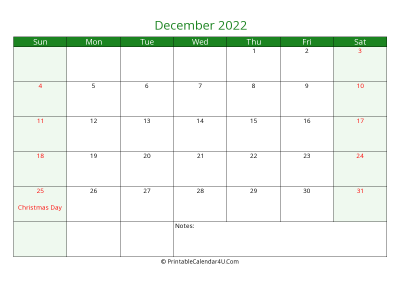 editable calendar december 2022, week start on sunday