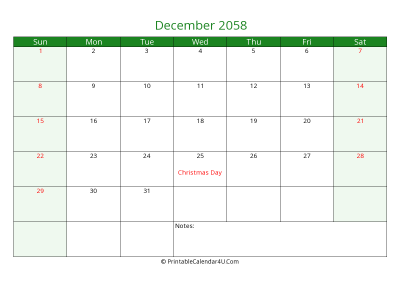 editable calendar december 2058 with us holidays