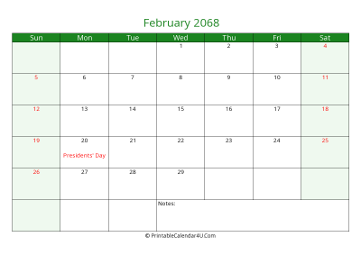 editable calendar february 2068 with us holidays